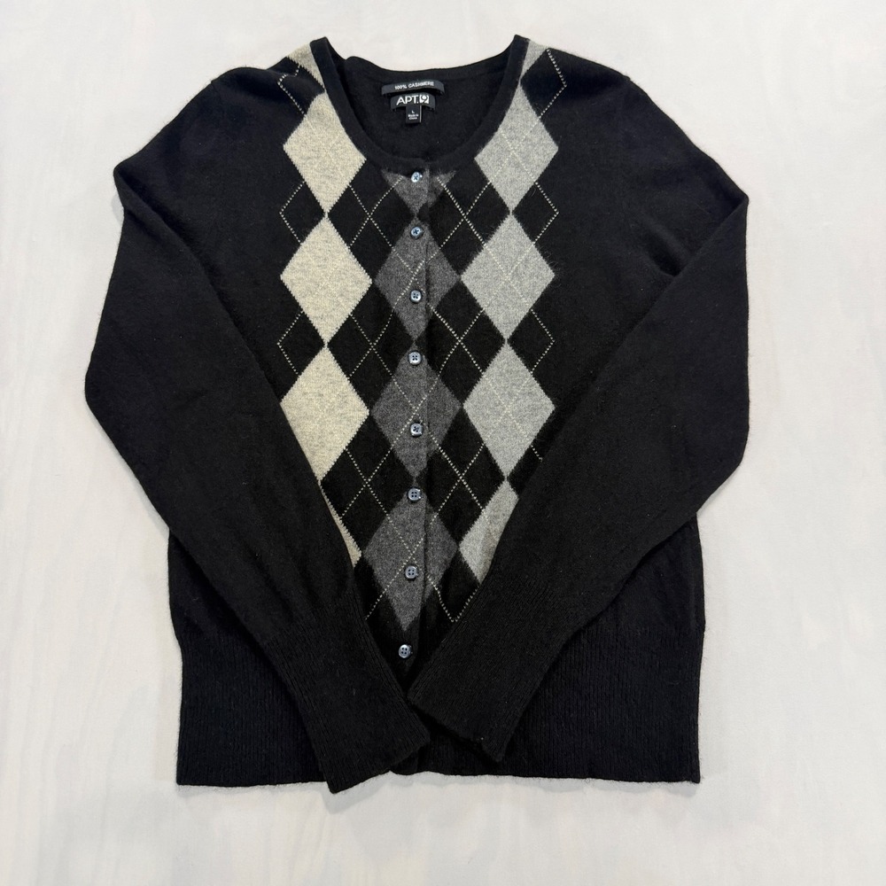 Apt. 9 Cardigan Sweater Womens L Black Argyle 100% Cashmere Button Front Classic